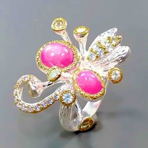 UNIQUE STAR RUBY RING—925 STERLING SILVER & GOLD—SIZE 7